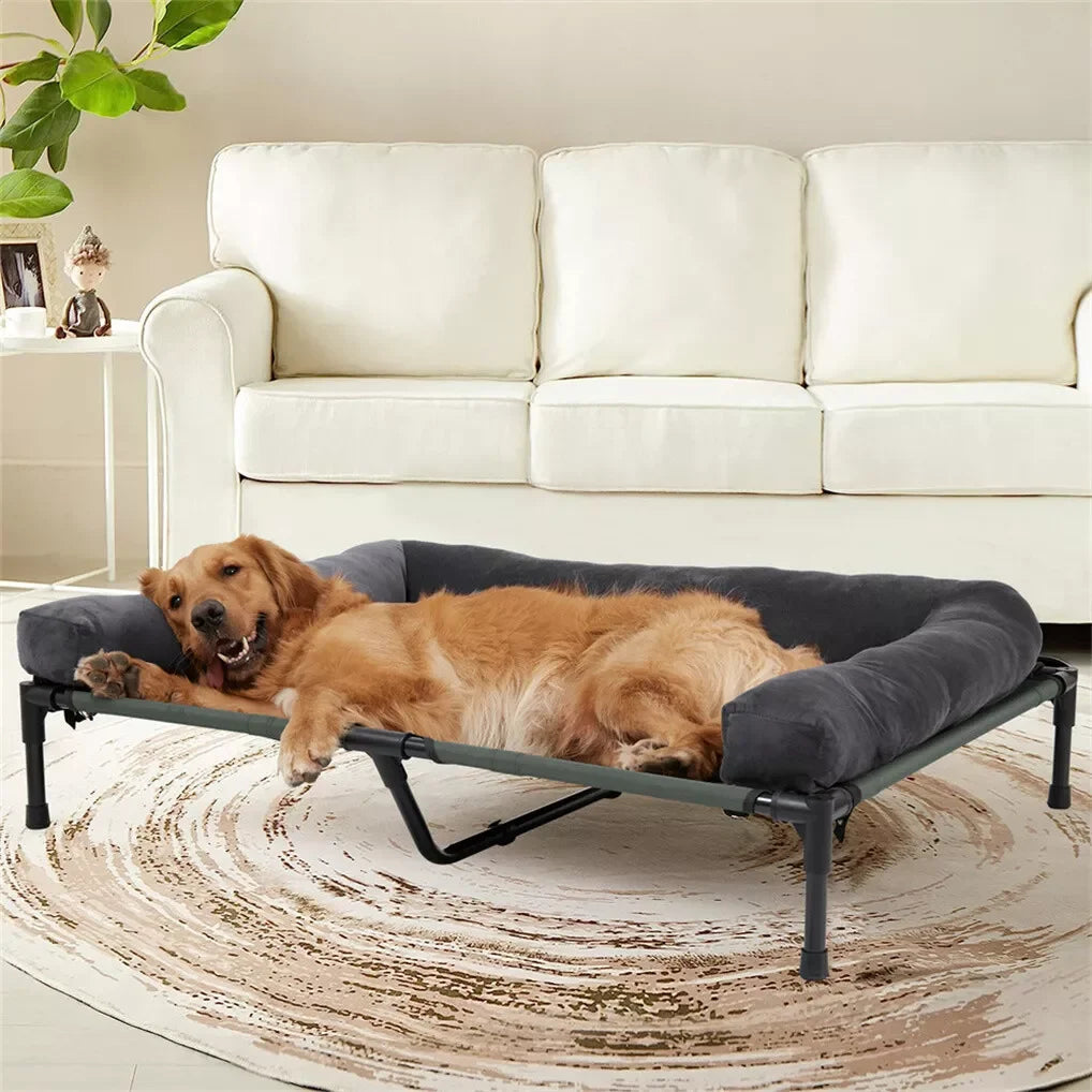 BINGOPAW Outdoor Elevated Dog Bed Cooling Raised Pet Lounger Bed Mesh Cot Sleep Camping Bed with Detachable Plush Bolster