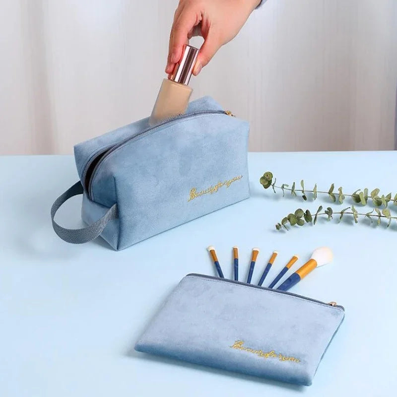 Plush Cosmetic Bag for Women – Large Zipper Makeup & Toiletry Travel Pouch, Solid Color Beauty Bag