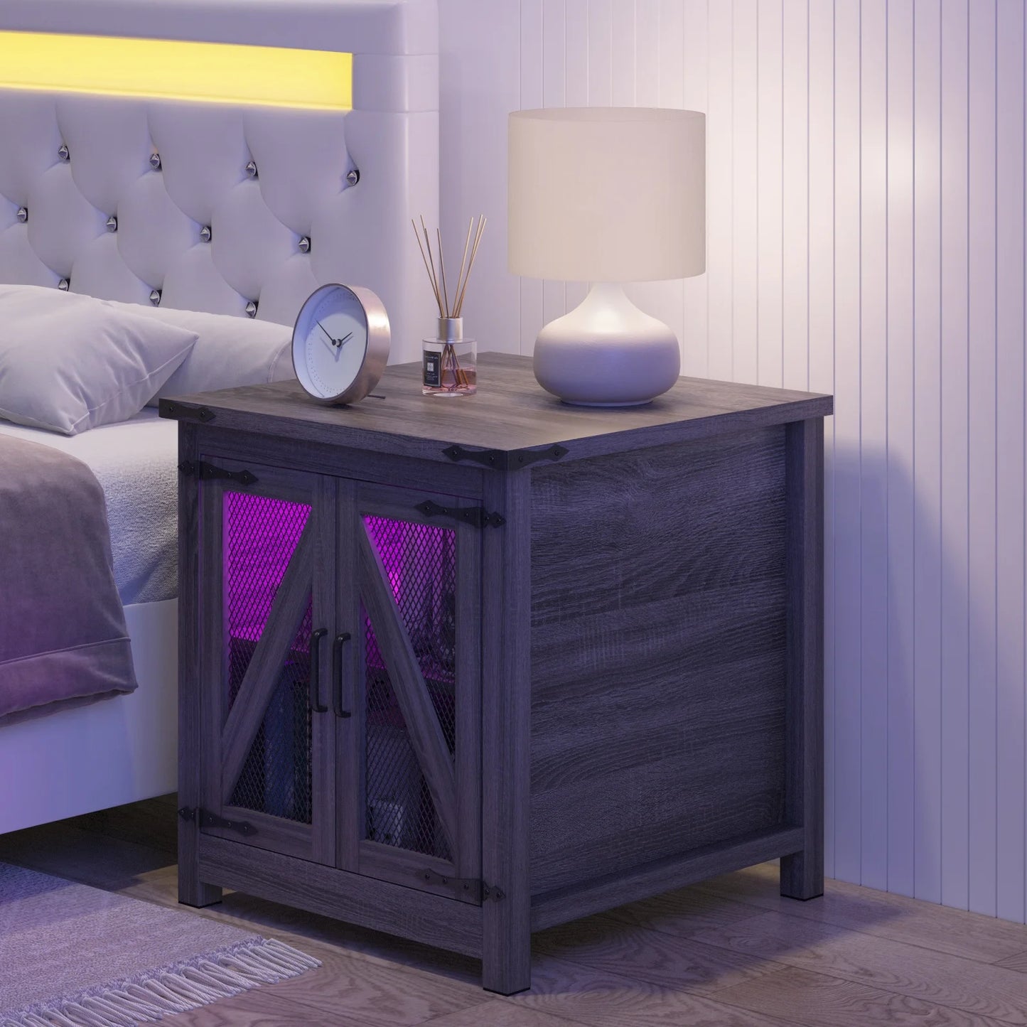 Bedside Table Farmhouse, Side Table Living Room with Charging Station & Adjustable Shelf, Smart Nightstand Organiser for Bedroom Living Room Office Use