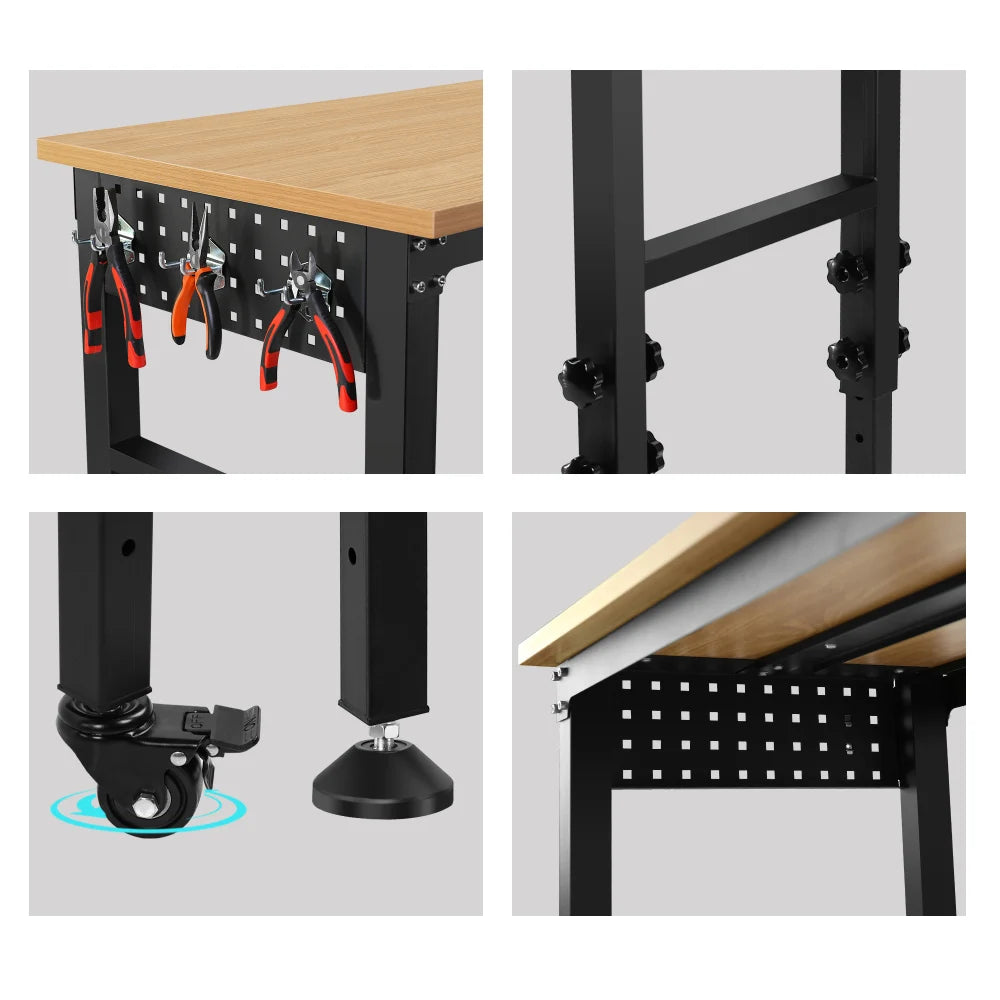 60" ×24'' Adjustable Workbench Rolling Heavy-Duty Worktable with Power Outlet and Wheels Large Load Capacity Rubber Wood Top