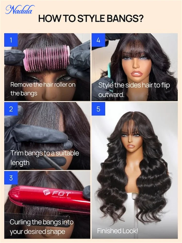 Nadula Hair 3D Body Wave Bangs Drawstring Glueless Human Hair Wig 7x5 Bye Bye Knots Glueless Wig Human Hair Ready to Wear 180%