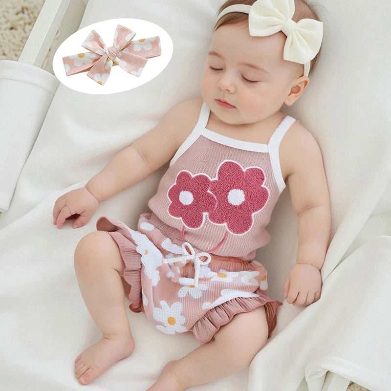 Toddler Girl Summer Outfit Floral Embroidered Sleeveless Bodysuit Elastic Waist Ruffle Shorts Headband 3 Piece Set for Baby Girl