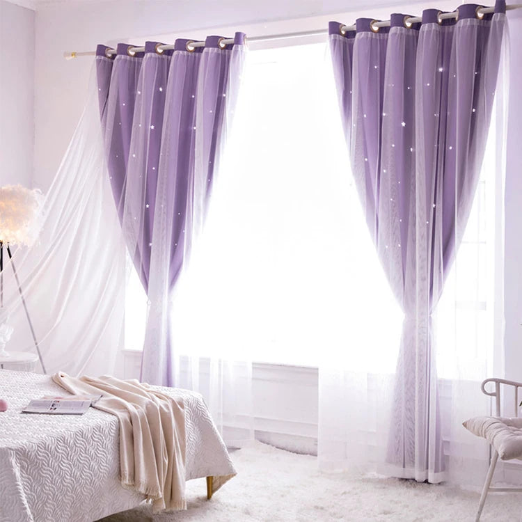 Double Layers Romantic Sheer Kids Children Girls Curtains With Hollow Out Stars For Living Room Bedroom Windows Drapes