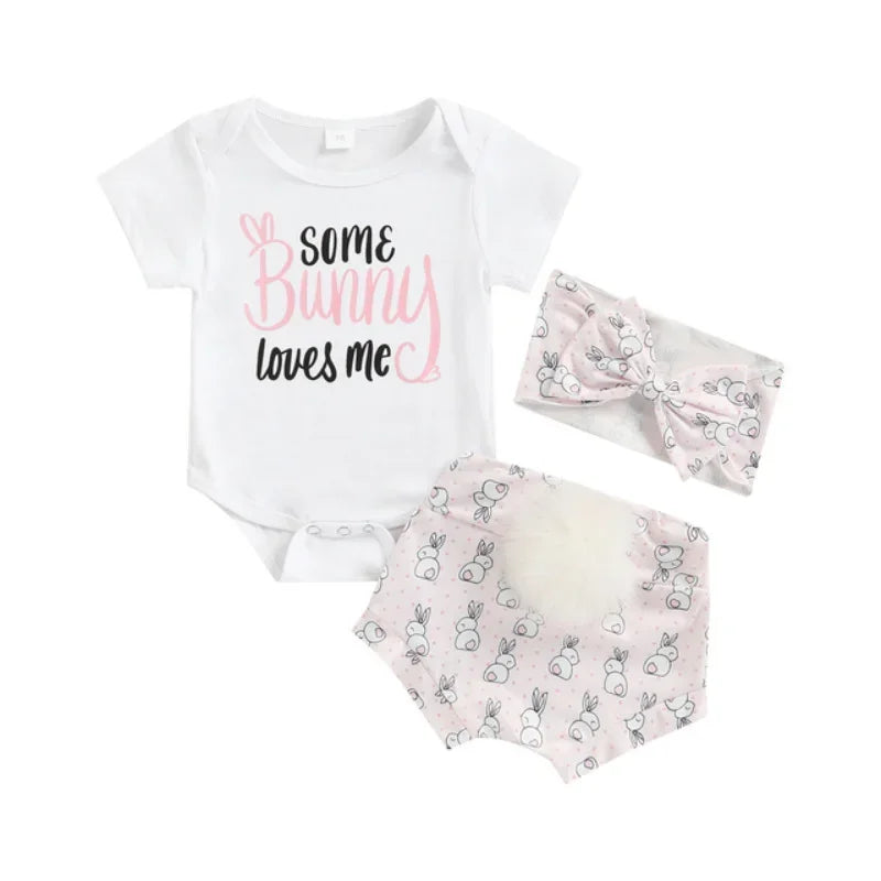 Children's Wear 2025 Easter Set Infant and Toddler Letter Short Sleeve Rabbit Printed Shorts Set