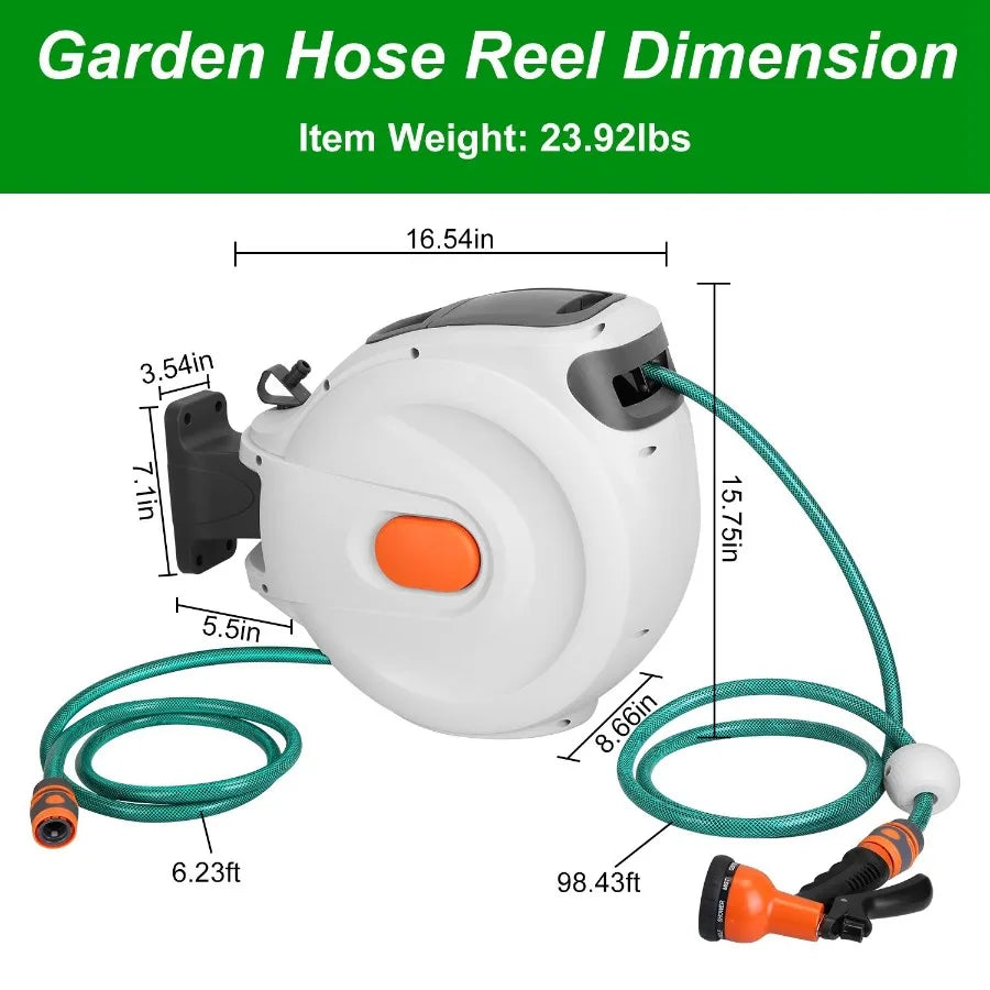 Retractable Garden Hose Reel Wall Mounted Automatic Water Hose Reel with Any Length Lock 8 Pattern Spraying Modes 180 Swivel Br