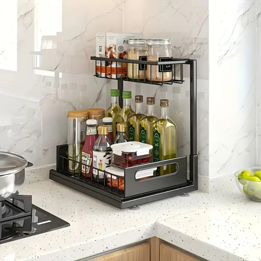 Under Sink Organisers, Metal Pull Out Under Sink Organisers,Storage Shelves with Sliding Drawer,Under Sink Storage for Kitchen