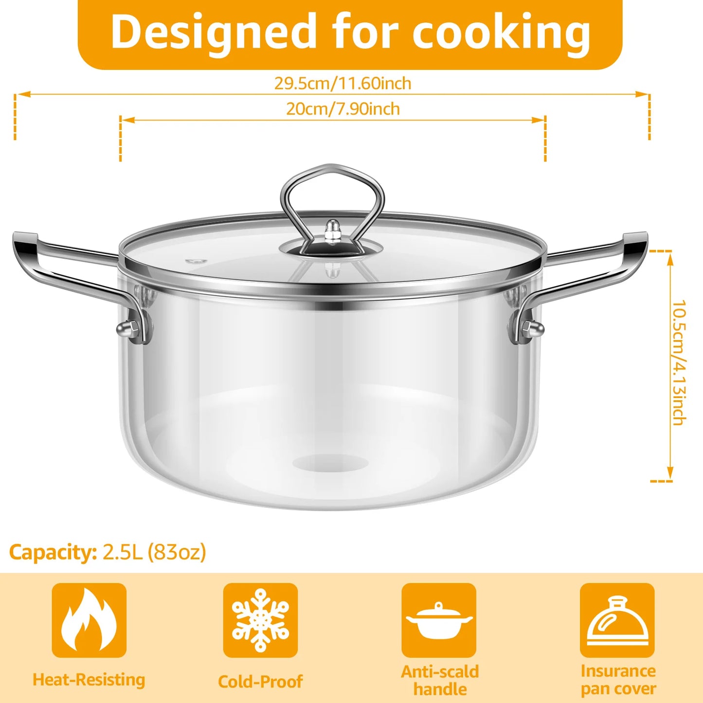 Clear Glass Cooking Saucepan Pot with Lid Heat Resistant Glass