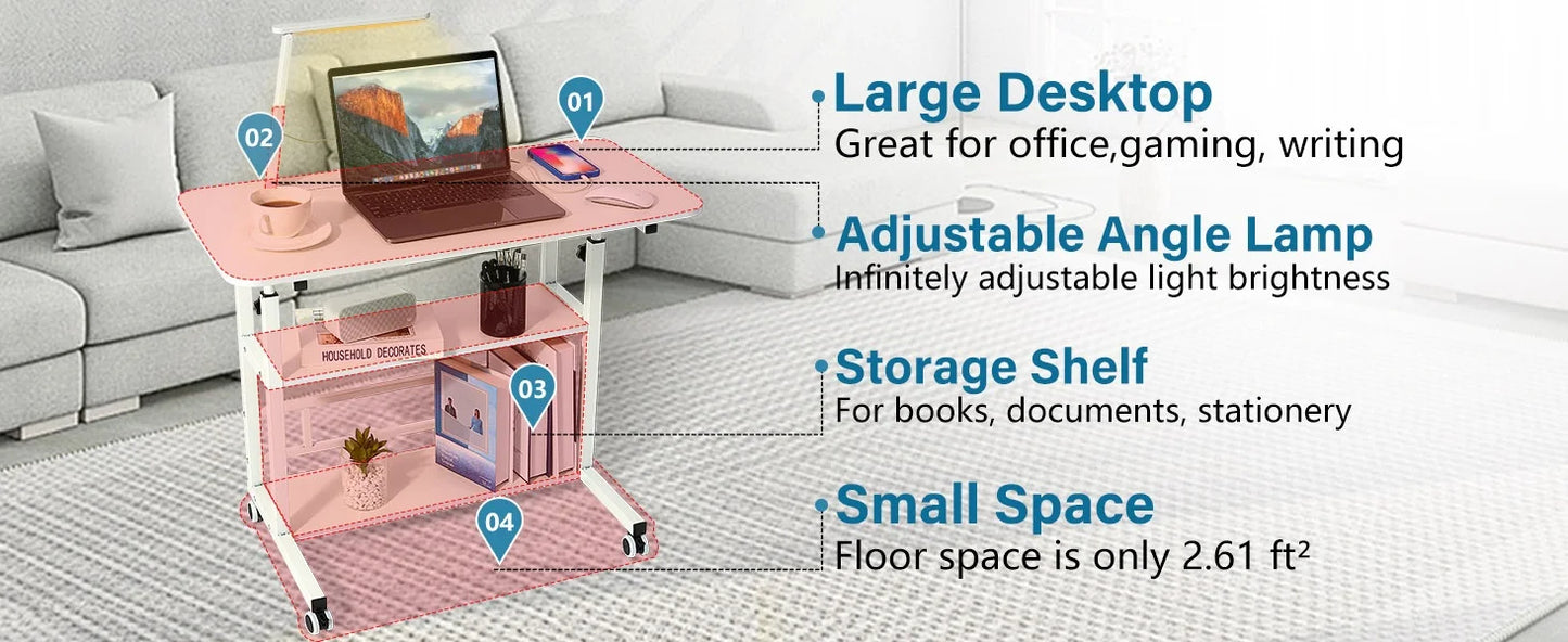 Adjustable Height Student Computer Desk with USB Port, Mobile Portable Bedside Table with Storage, 31.5" Standing Desk for Sofa