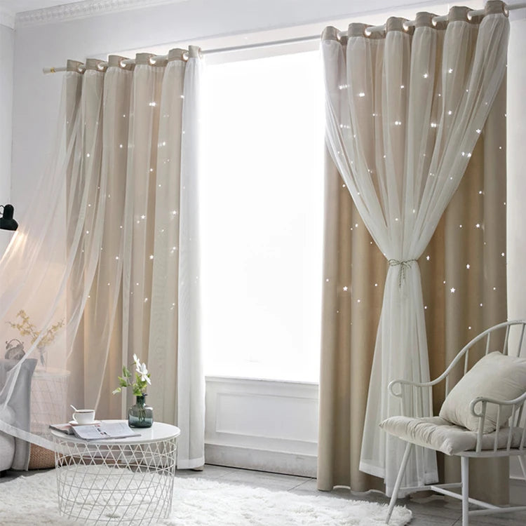 Double Layers Romantic Sheer Kids Children Girls Curtains With Hollow Out Stars For Living Room Bedroom Windows Drapes