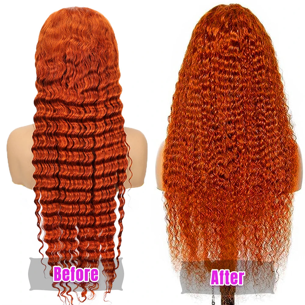 Colored #350 30 32 Inches Ginger Orange Deep Wave 13x6 13x4 Hd Lace Frontal Wig Human Hair Curly 13x4 Lace Front Wigs For Women