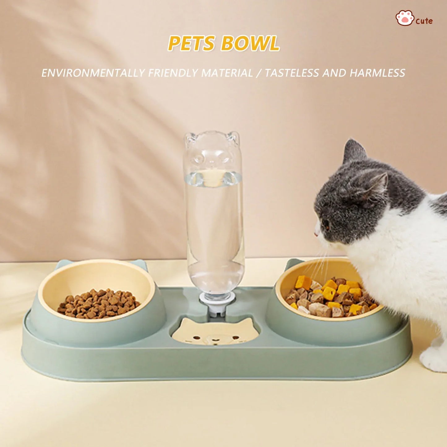 Automatic Double Bowl Feeder With Water Fountain Drinking Raised Stand