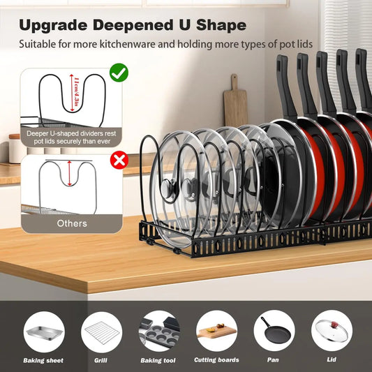 Pot and Pan Organiser Rack for Cabinet Expandable Pot Lid Organizer Holder with 10 Adjustable Dividers