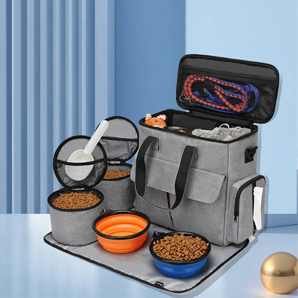 Dog Travel Bag Backpack Pet Accessories Organizer for Week Away/Overnight, w/ 2 Food Bags 1 Waterproof Placemat 2 Foldable Bowls
