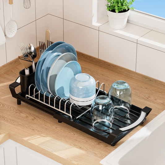 1pcs Expandable Small Dish Drying Rack Dish Racks for Kitchen Counter Dish Drainer with Removable Cutlery Holder