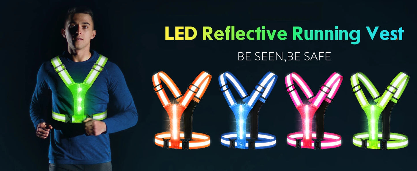 LED Running Vest USB Rechargeable Reflective Glowing Reflector Straps High Visibility Night Running Riding Clothing Elastic Band