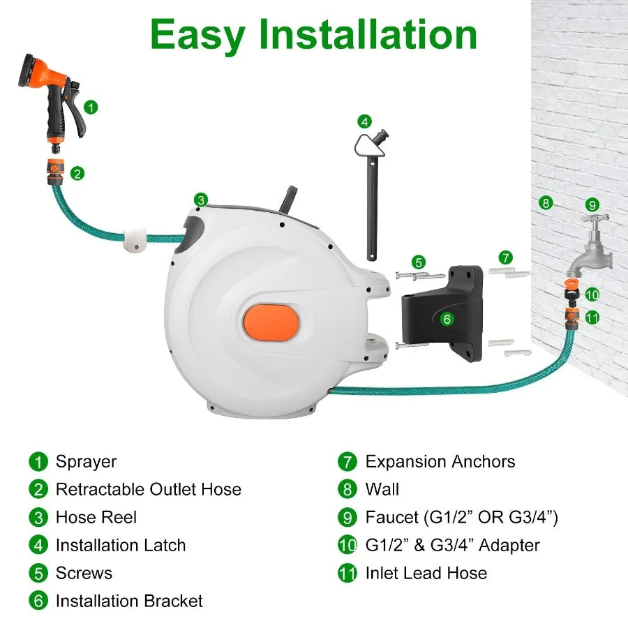 Retractable Garden Hose Reel Wall Mounted Automatic Water Hose Reel with Any Length Lock 8 Pattern Spraying Modes 180 Swivel Br