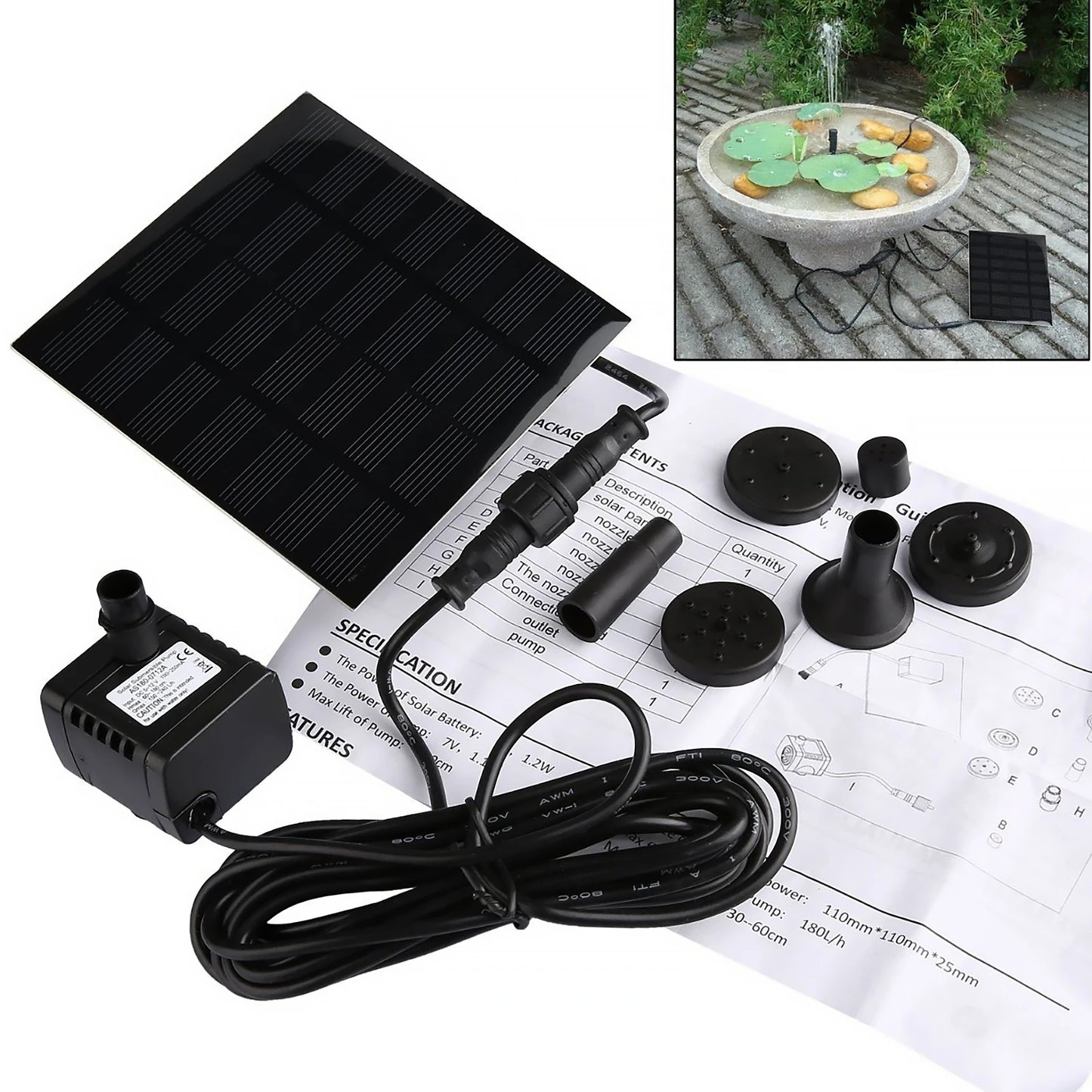 Solar Water Pond Pump Multifunctional with 6 Nozzles Aquarium Wave Maker Decorative Props Portable for Pool Fountain Submersible