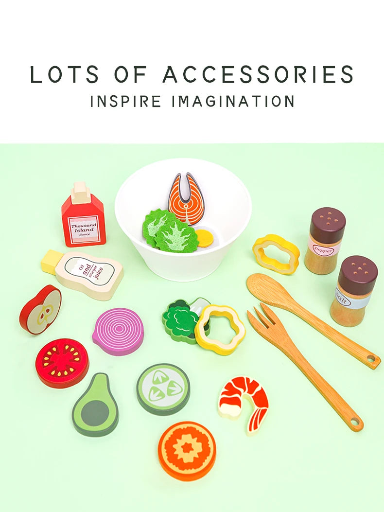 Kitchen Pretend Play Toys Wooden Simulation Food Accessories Pizza Salad Dessert Set Montessori Educational Toy for Toddler 3+