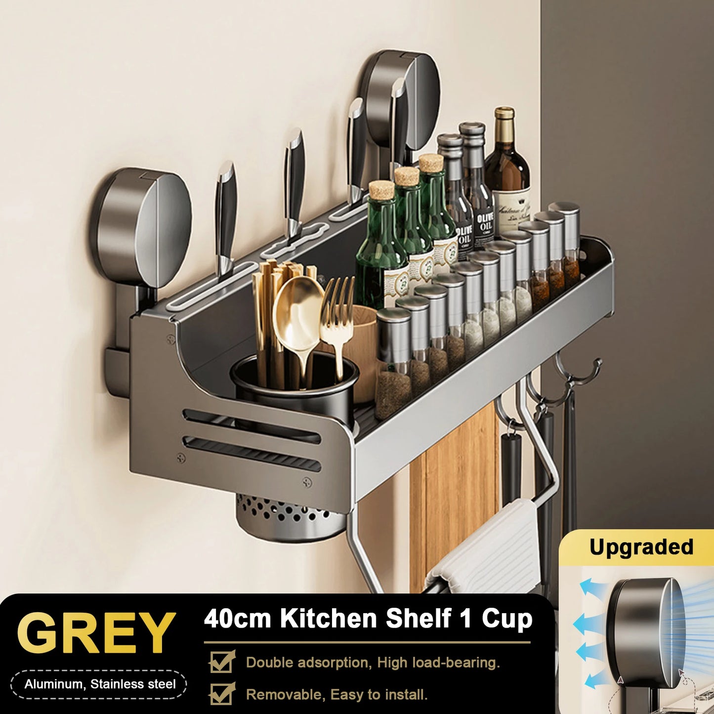 Suction Cup Kitchen Organiser Shelf Wall-mounted Spice Storage Rack Kitchen Knife Holder Wall Seasoning for Chopstick Spoon