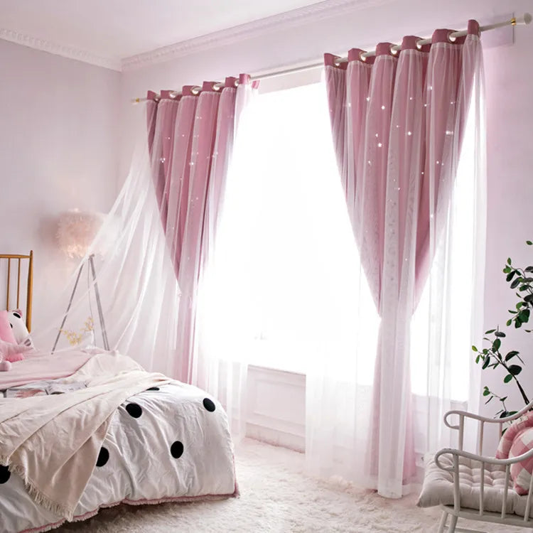 Double Layers Romantic Sheer Kids Children Girls Curtains With Hollow Out Stars For Living Room Bedroom Windows Drapes