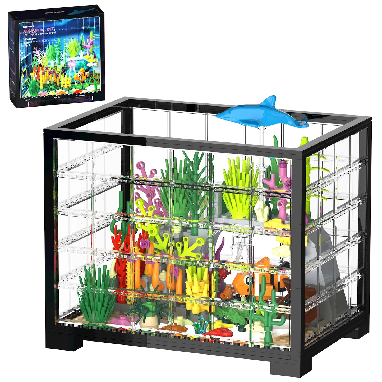 Fish Tank Building Block, Lighting Aquarium Building Sets with Treasure Chest, 533 Pcs, Animal Building Toys for Boys Girls 8-12