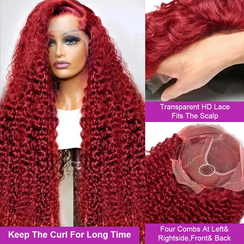 99J Burgundy Colored Curly Wig Transparent 13x6 Lace Frontal Human Hair Preplucked 13x4 HD Lace Frontal Deep Wave Wigs For Women