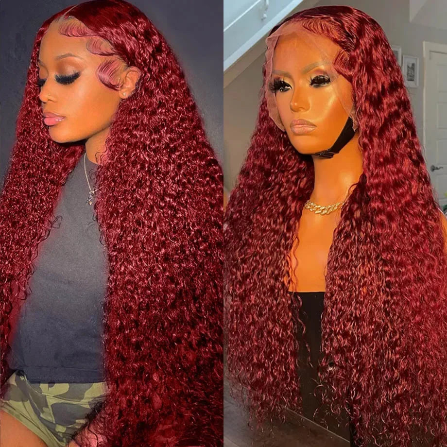 99J Burgundy Colored Curly Wig Transparent 13x6 Lace Frontal Human Hair Preplucked 13x4 HD Lace Frontal Deep Wave Wigs For Women