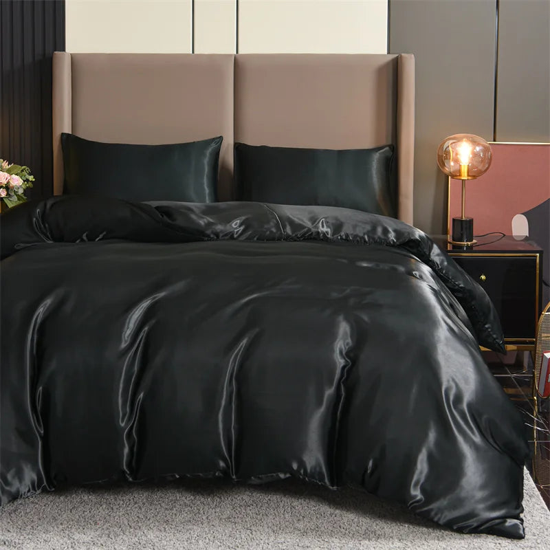 Silk Black 3pcs Satin Duvet Cover Bedding Set