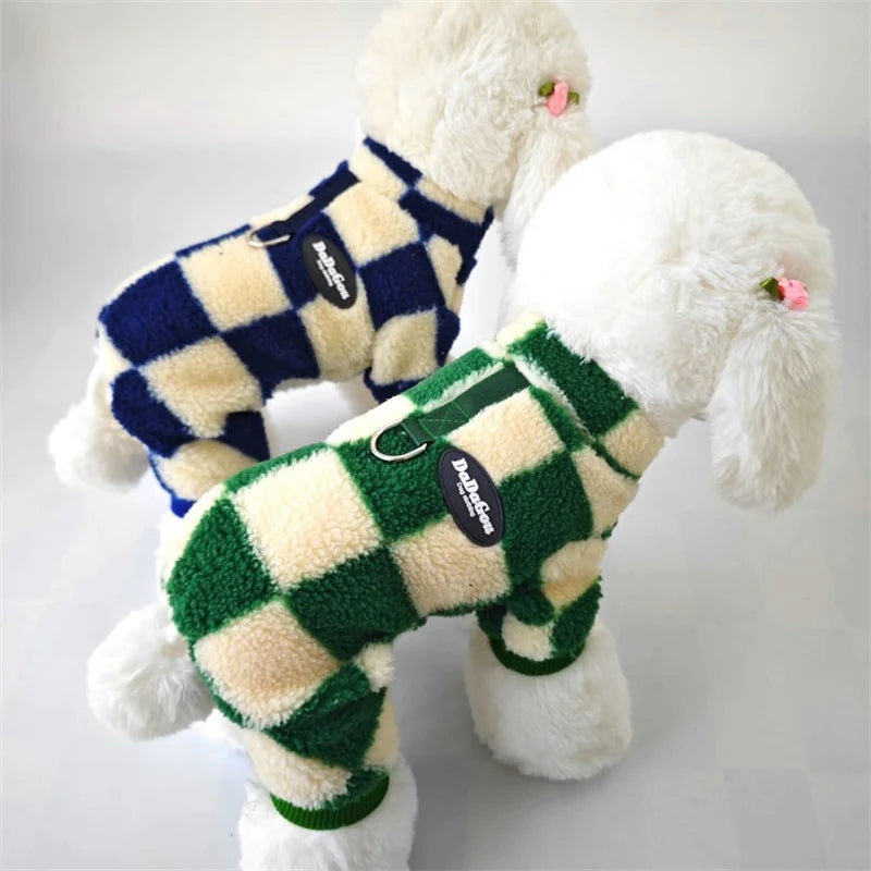 Plaid Winter Pet Jumpsuit – Warm Pajamas Overalls for Small Dogs, Pomeranians, Chihuahuas, and Puppies