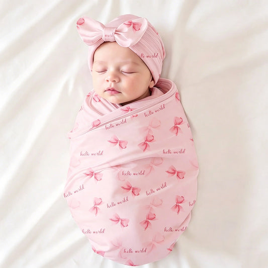 Ylsteed Newborn Photography Receive Blanket Newborn Bow Print Swaddle Blanket with Hat Bedding Infant Bath Towel Baby Items-HD