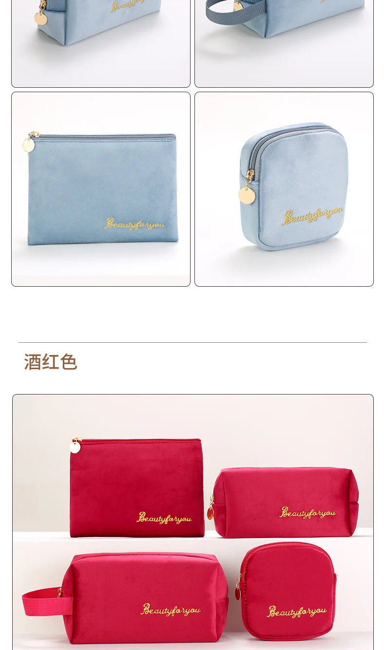 Plush Cosmetic Bag for Women – Large Zipper Makeup & Toiletry Travel Pouch, Solid Color Beauty Bag