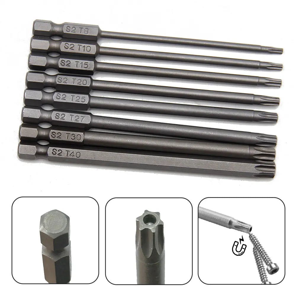 8pc 100mm S2 Magnetic Hexagonal Handle Screwdriver Head Hollow Plum Blossom Hole Hand Electric Drill Pneumatic Tool Accessories