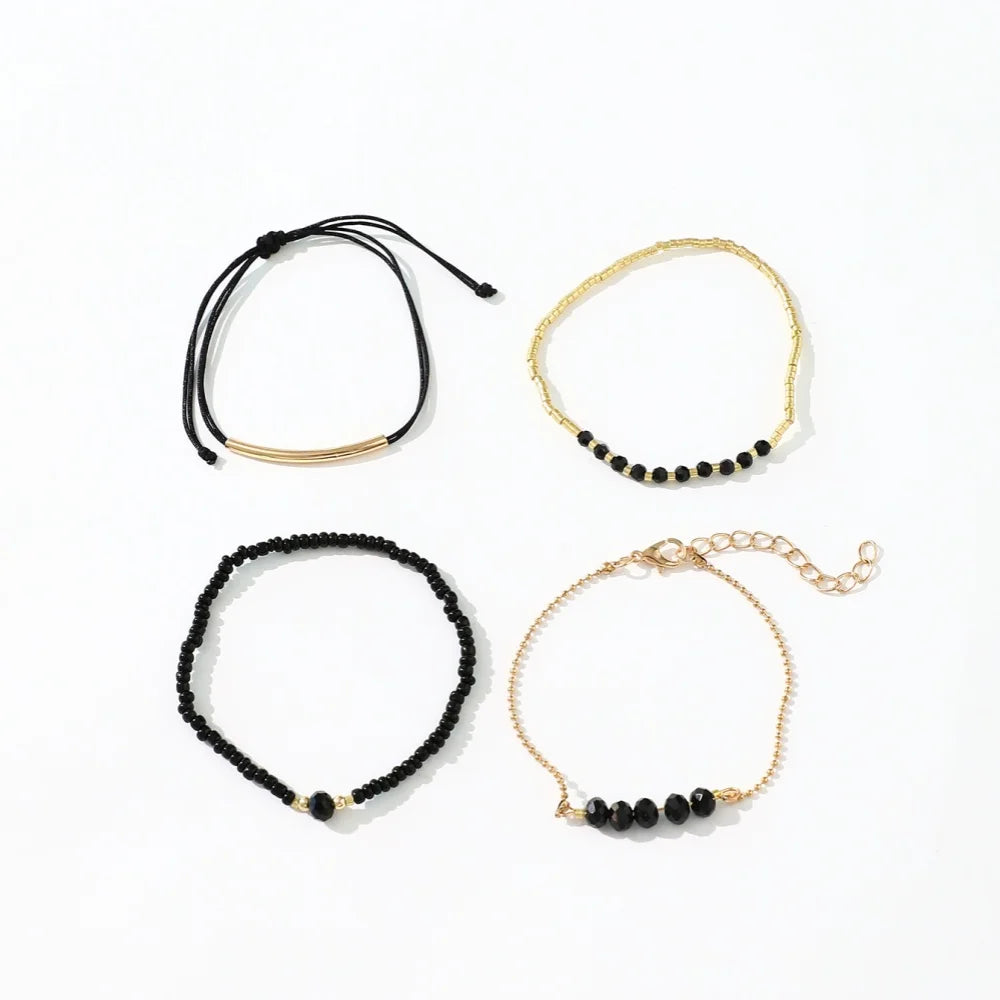 4Pc Set Black Glass Stone Bracelet