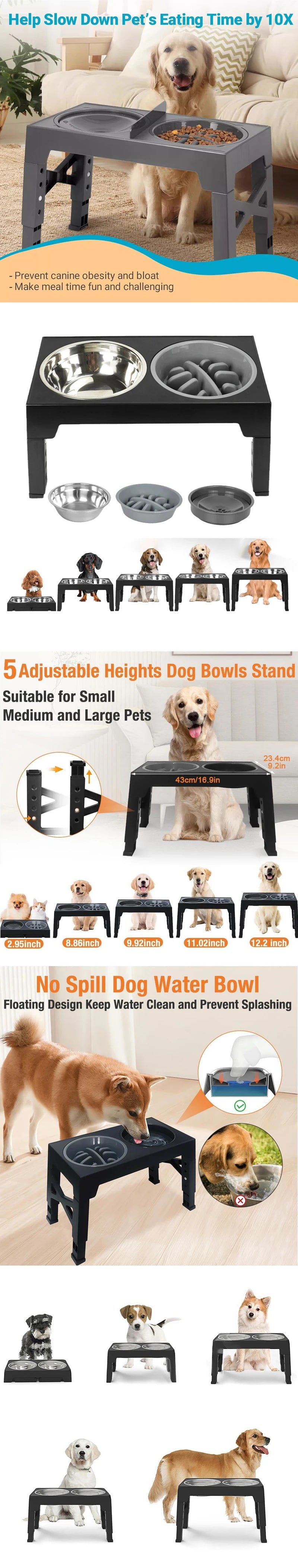 Adjustable Elevated Dog Feeder – Raised Stand with Slow Feeder Bowl & Water Dispenser for Medium and Large Dogs
