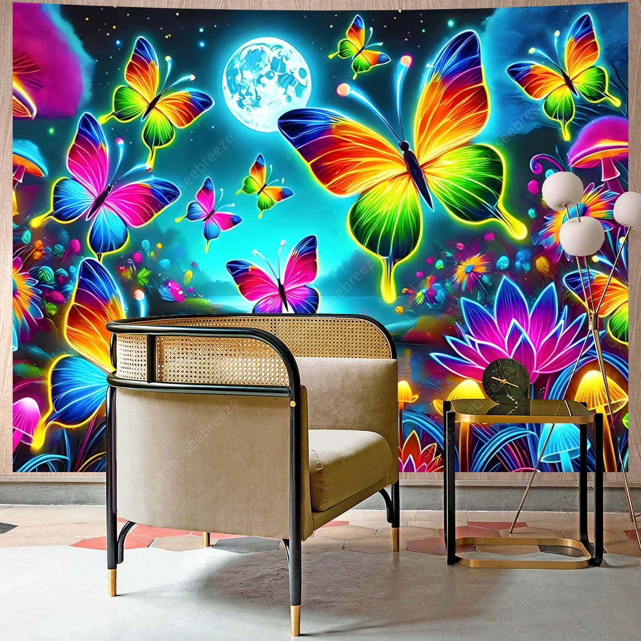 Butterfly Flower UV Reactive Tapestry Wall Hanging Hippie Boho Room Decor