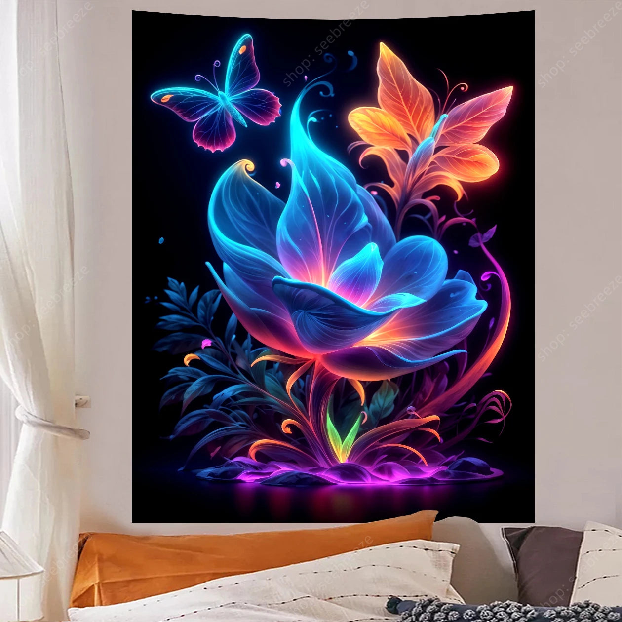 Butterfly Flower UV Reactive Tapestry Wall Hanging Hippie Boho Room Decor