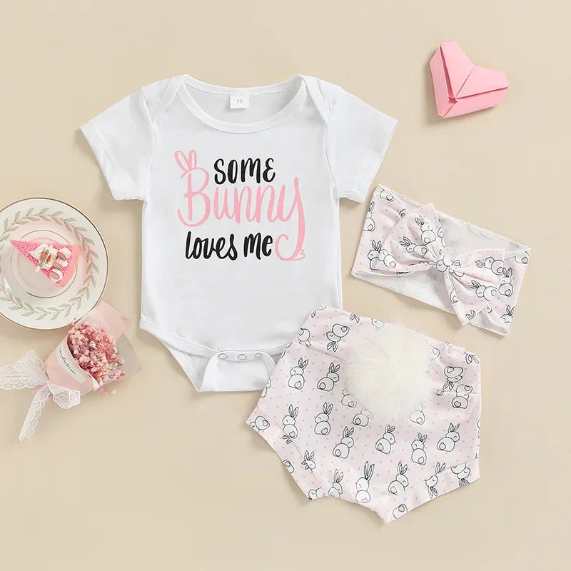 Children's Wear 2025 Easter Set Infant and Toddler Letter Short Sleeve Rabbit Printed Shorts Set