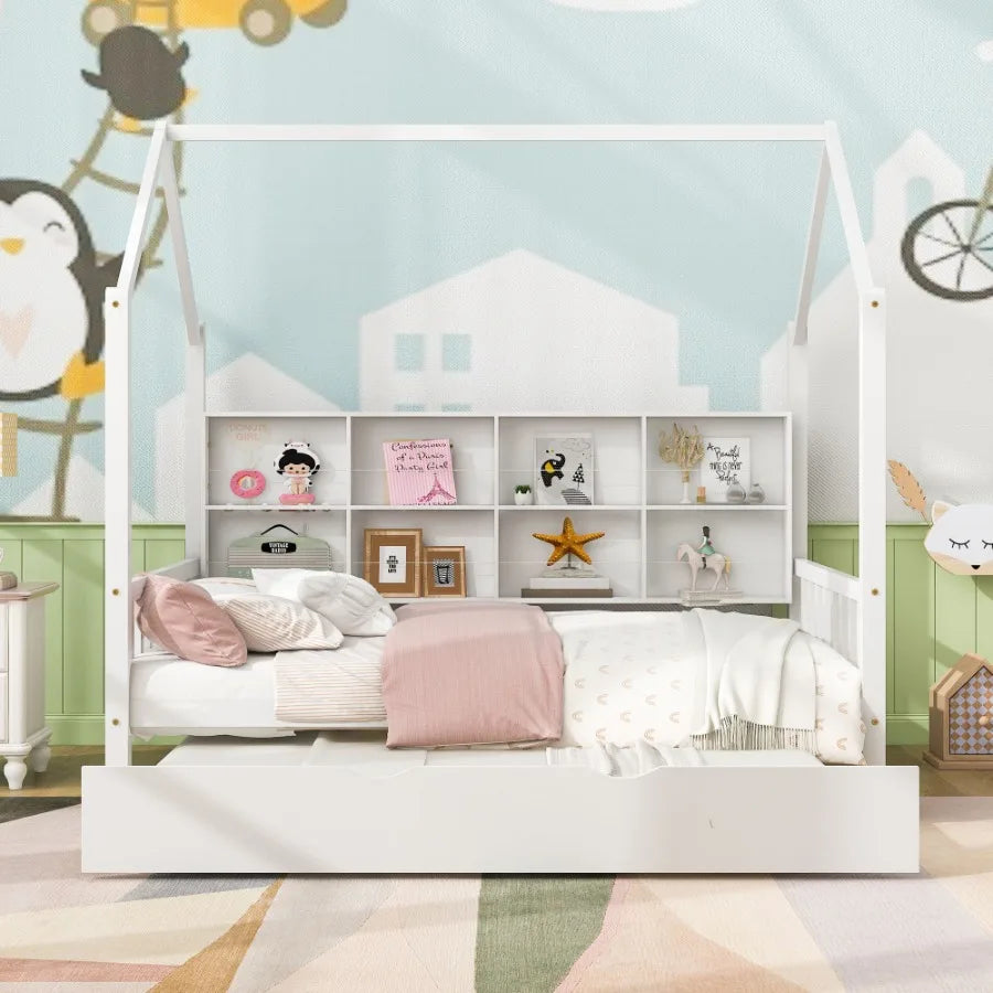 Wooden Full Size House Bed with Trundle Bed with Shelf