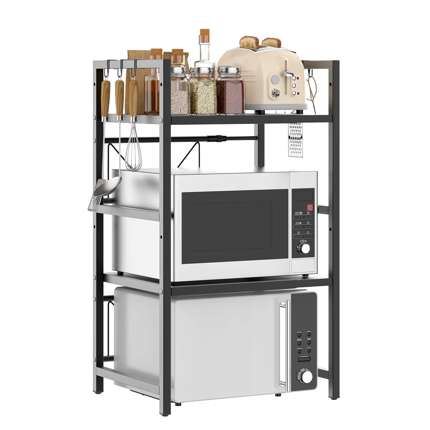 3 Tiers Expandable Microwave Oven Rack with 6 hooks, Microwave Shelf Stand, Carbon Steel for Pots Pans Rice Cooker