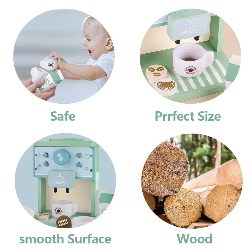 Kids Kitchen Toy Set Wooden Coffee Maker Set Simulation Cookie Maker Kit Pretend Play Educational Toys Gifts for Girls Boys