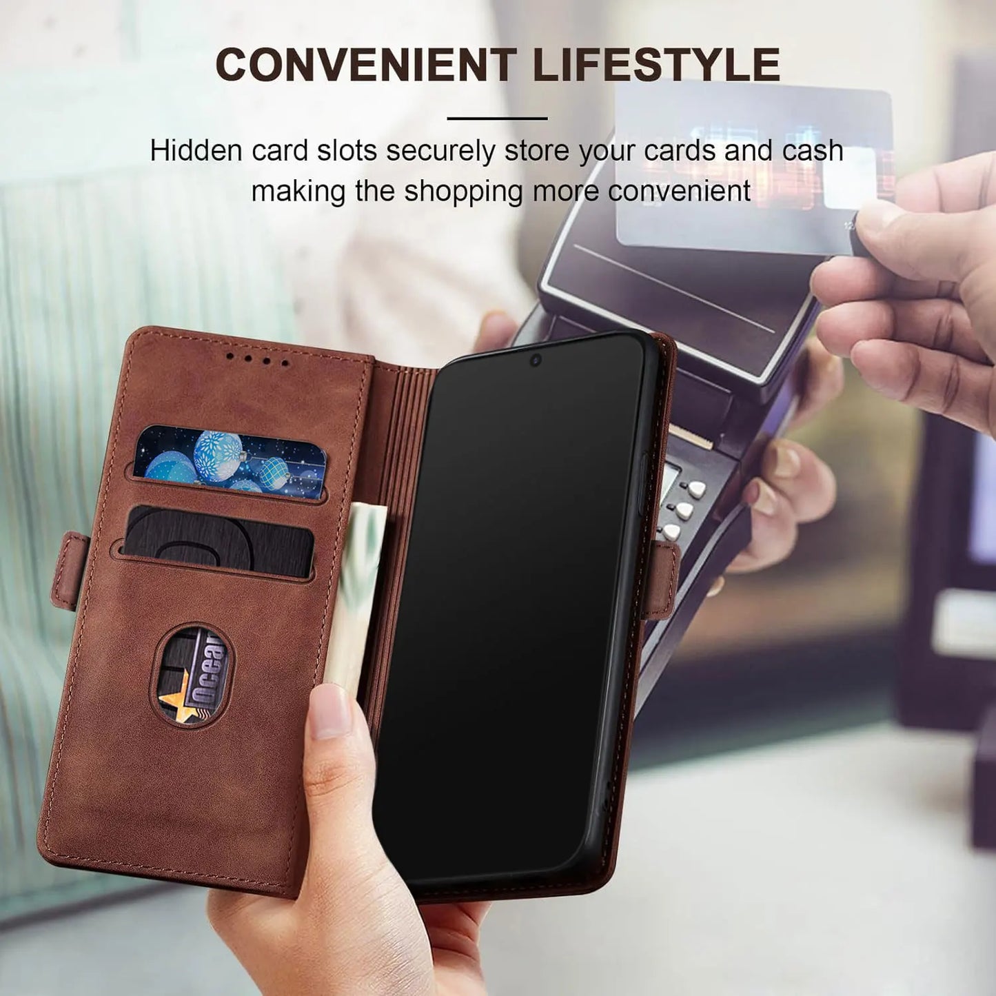 For Samsung Galaxy S22 Ultra 5G Leather Case Rugged Phone Flip Card Slots Magnetic Wallet Phone Cover Dark Brown