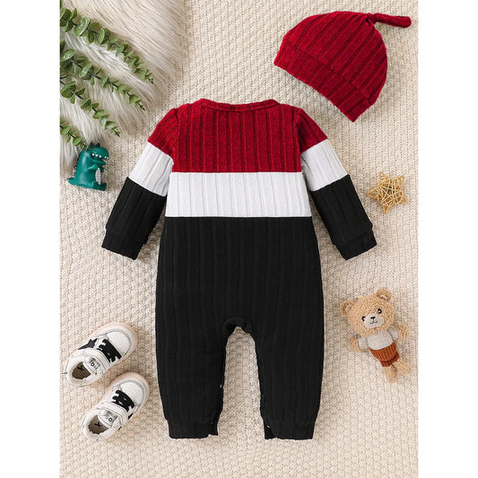 3 Colours Autumn Bodysuits Newborn Baby Boy Long Sleeve Colour Block Romper+Hat Simple Onesie Jumpsuit for Toddlers 1-18 Months