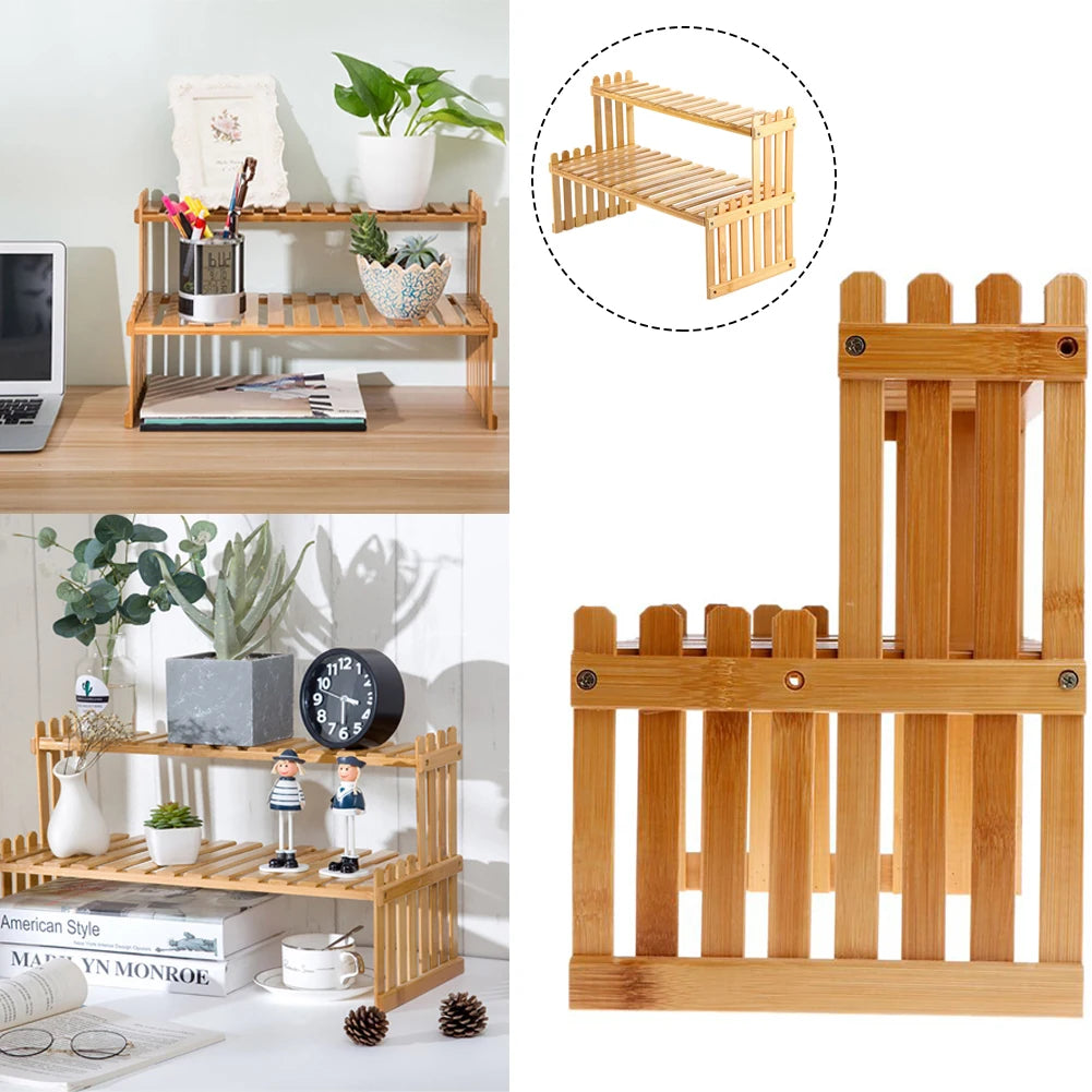 2 Tier Decorative Tabletop Wood Plant Stand Display Shelf For Home Office Tidy Storage Organiser