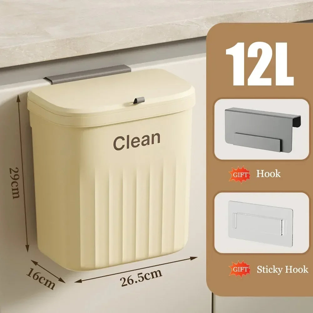 12L Kitchen Trash Can Wall Mounted Hanging Trash Bin with Lid Garbage Can for Cabinet Under Sink Waste Garbage Compost Bin Trash