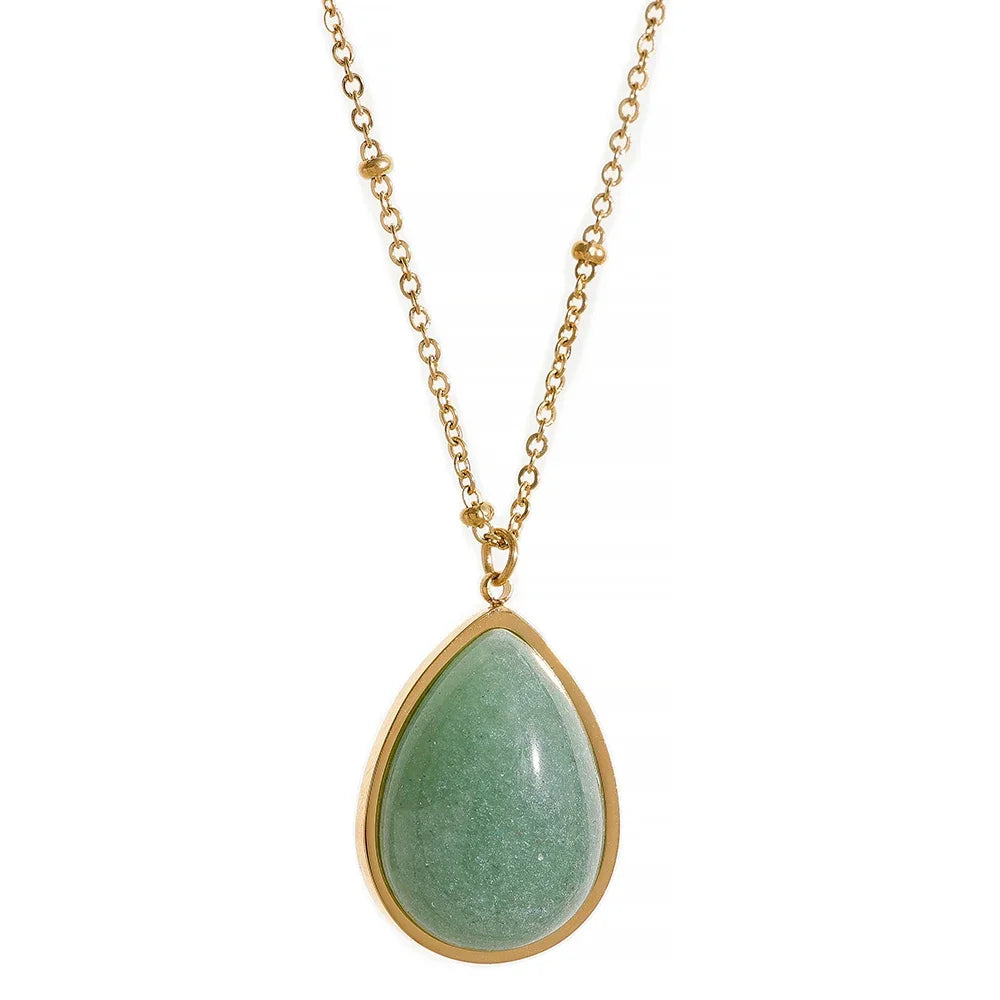 Yhpup Water Drop Amethyst Green Aventurine Natural Stone Necklace Stainless Steel Fashion Charm Pendant Jewelry Tarnish Free