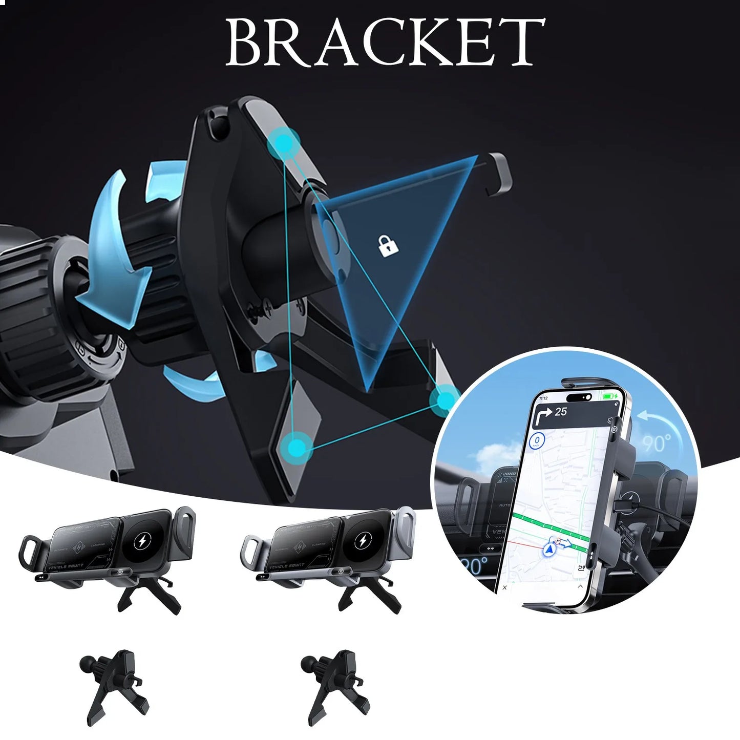 High Intelligent Mobile Phone/Pad Holder 2 in 1 Auto Rotating Phone Holder Car Charger Fast Charging Cell Phone Holder