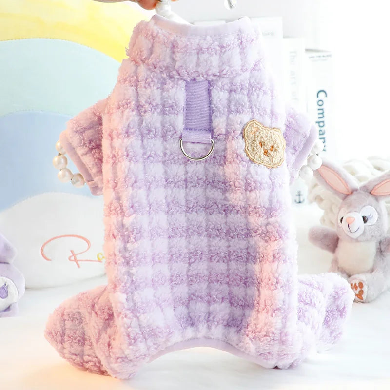 Plaid Winter Pet Jumpsuit – Warm Pajamas Overalls for Small Dogs, Pomeranians, Chihuahuas, and Puppies