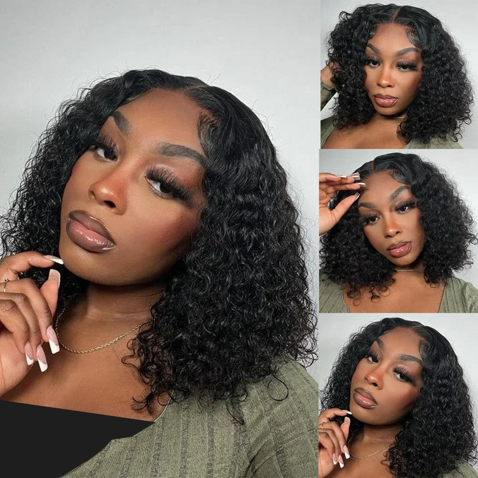 250 Density 14 16 Inch Deep Wave Short Bob 6x4 Glueless Wig Human Hair Ready to Wear 4x4 Curly Transparent Lace Frontal Wig