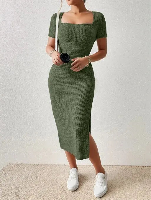 Short-Sleeved, Versatile Knitted Slit Dress