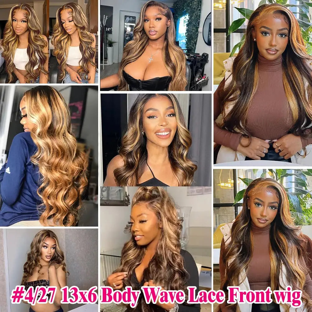 Ombre Lace Front Wig Human Hair 4/27 13x4 HD Body Wave Highlight Lace Front Wig Human Hair Pre Plucked Glueless Wigs Human Hair